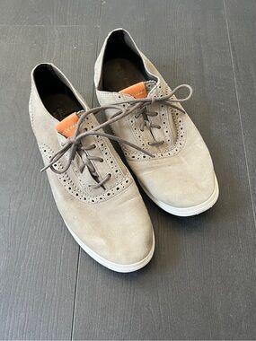 Cole Haan Taupe Suede Brogue Lace-Up Flats with Tan Accent
